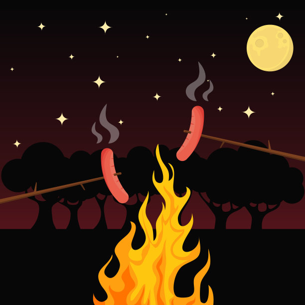 人们在火上煎香肠。篝火在夜晚森林景观的背景下。向量,卡通插图。向量。素材图片