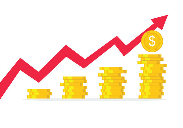 一堆硬币和红色箭头图形孤立在白色的背景。图片下载