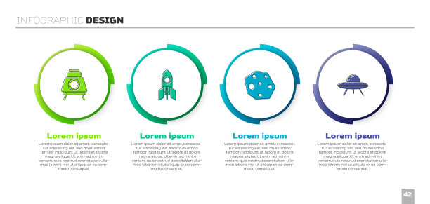 设置火星漫游者，火箭船，小行星和飞碟飞行飞船。业务信息模板。向量图片下载