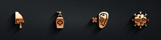 将流鼻涕、液体抗菌皂、耳聋和病毒图标设置为长阴影。向量图片下载