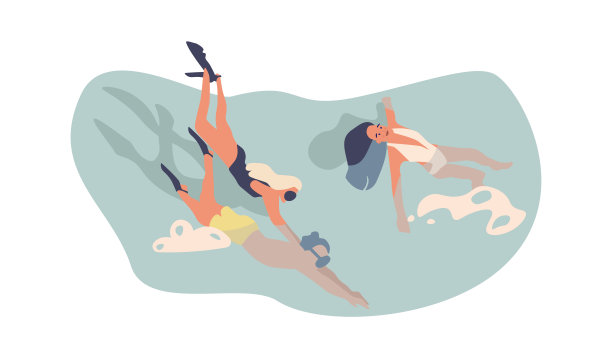 卡通人物游泳。人们在游泳池或海水中，男男女女戴着护目镜潜水。暑假海滨度假胜地。酒店或旅行社广告。矢量泳衣和比基尼素材图片