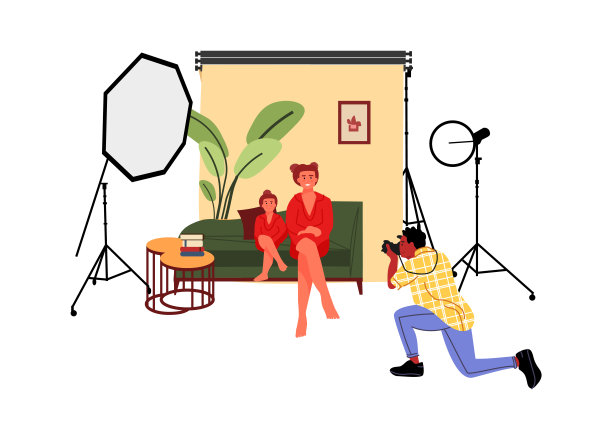 摄影棚里的全家福。女人和女孩摆姿势拍照，男人拍照。专业的相机、灯光设备和反光镜。摄影滤镜应用，矢量插图图片下载