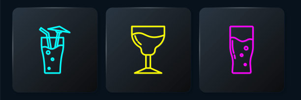 设置线鸡尾酒，啤酒和葡萄酒杯。黑色方形按钮。向量图片下载