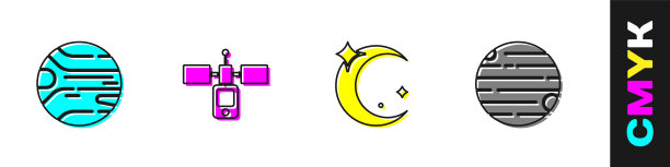 设置行星，卫星，月亮和星星和图标。向量图片下载