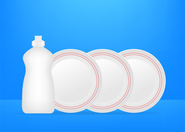 洗碗,洗盘子。洗碗液、洗碗液和黄色海绵。向量股票插图图片下载