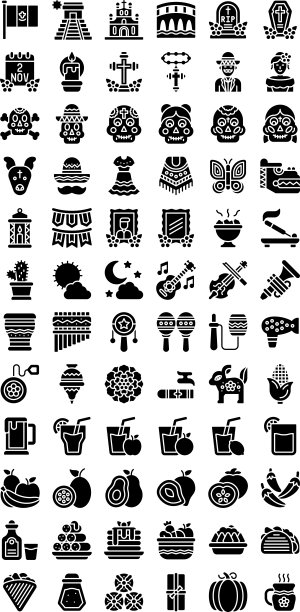Dia de los相关的旗帜，金字塔，桥，安息，头骨，狗脸，十字标志，字符，熏香，死照片，溜溜球，喇叭，兔子，雪茄，玉米，盐和汁矢量在固体设计，图片下载