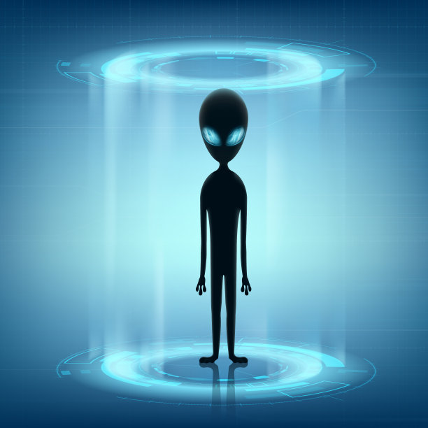 外星人站在未来的背景上。不明飞行物上的太空入侵者。图片下载