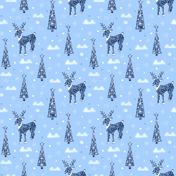 用驯鹿和圣诞树作礼物纸或明信片的无缝图案图片下载