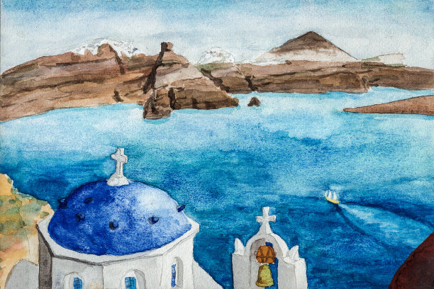 圣托里尼岛东正教教堂典型的蓝色圆顶和钟。希腊南部爱琴海中的一个火山岛。水彩画。图片下载