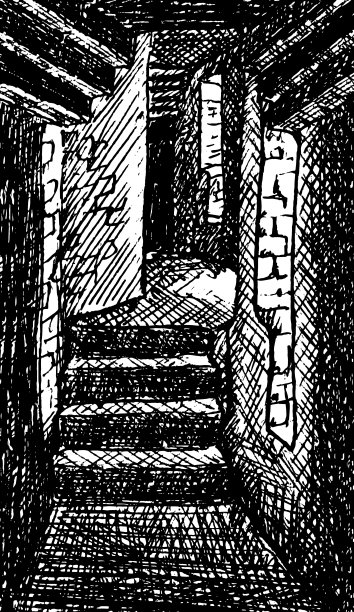 博马里斯城堡宽墙内狭窄的石头走廊。在英国威尔士的乡下。墨水画画。图片下载