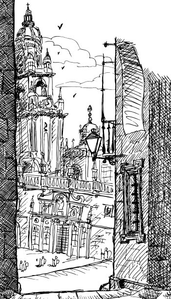 圣地亚哥-德孔波斯特拉大教堂的壮丽外观，圣雅各之路的终点线。西班牙的朝圣路线。墨水画图片下载