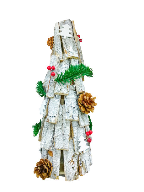 圣诞树工艺由树皮制成，装饰有松果，冷杉枝和冬青孤立在一白色图片下载