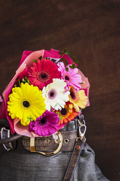 新鲜鲜艳的非洲菊花束，金色的配件，深色的背景图片下载