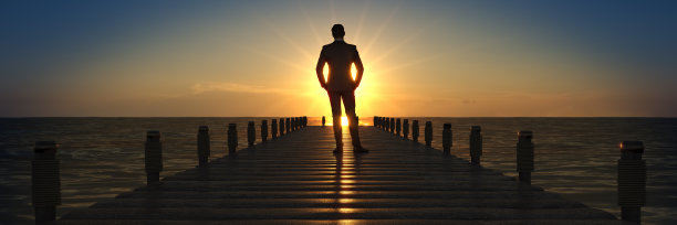 木桥夕阳下与商人。三维渲染图片下载