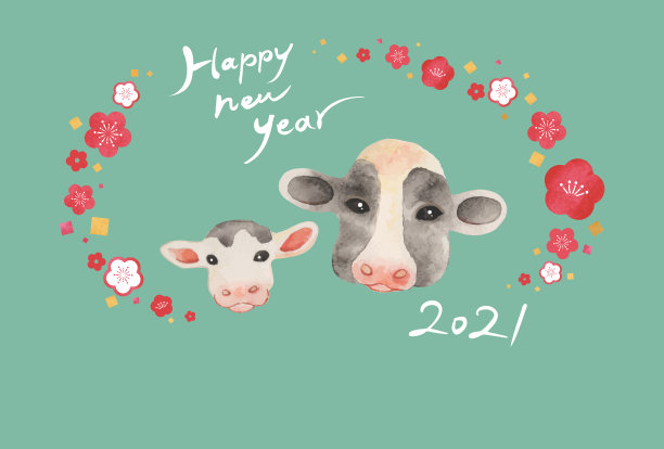 2021年的新年贺卡。牛父母和孩子，特写一张脸。水彩画。梅花。绿色的背景(带有新年的信息。底部有一个空白。)明信片模板图片下载
