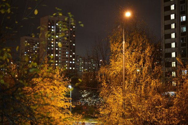 夜晚的城市景观。城市照明灯亮着。电光照亮了街道。在光线充足的地方有窗户的高大房子。图片下载