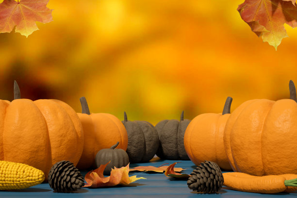 感恩节快乐背景，秋天的作文，南瓜和树叶图片下载