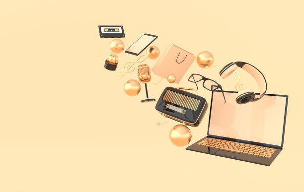 笔记本电脑，智能手机，购物袋，眼镜，麦克风，收音机，耳机3d渲染。远程工作、呆在家里、休闲和爱好上的隔离象征图片下载