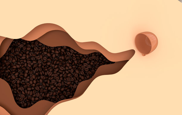 深色现烤咖啡豆3d渲染背景。大量逼真的咖啡豆近距离观察。波浪纸，折纸艺术，杯子图片下载