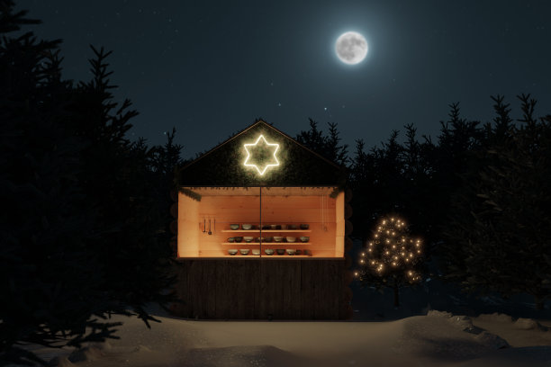 圣诞市场木质小屋的3d渲染在森林的夜晚图片下载