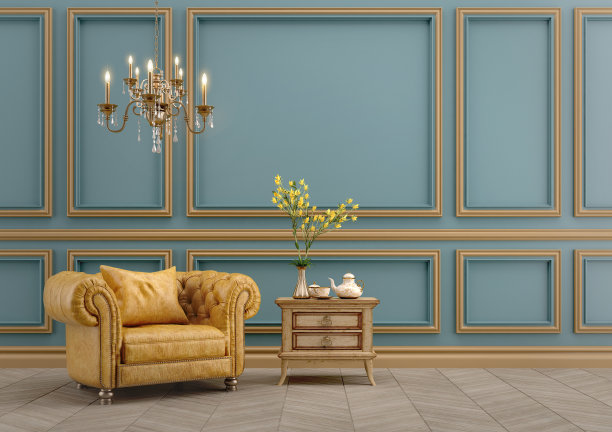 现代古典的蓝色和黄色内饰与黄色皮革扶手椅，桌子，木地板，线条。三维渲染图片下载