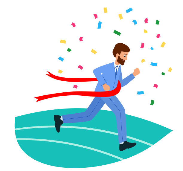 快乐的女商人冲过终点线。商业胜利的理念。图片下载