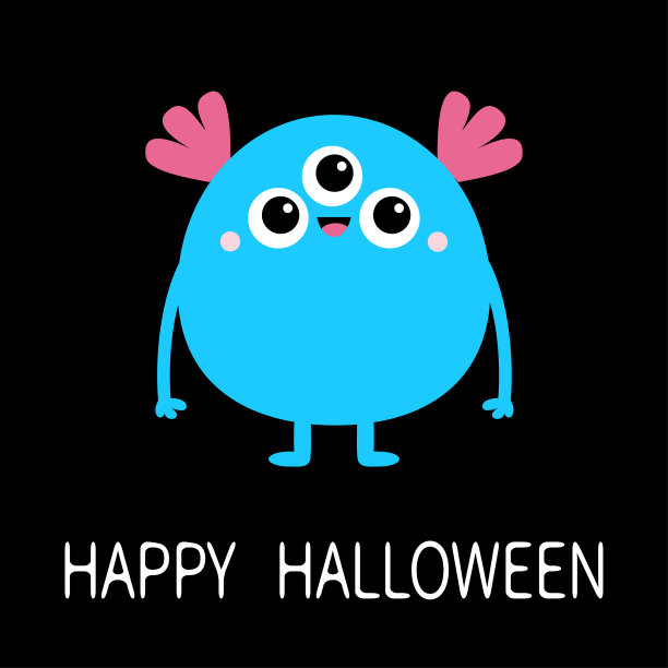 万圣节快乐。蓝色的怪物有三只眼睛和粉红色的耳朵。可爱的卡通人物。宝贝收藏。平面设计。贺卡。黑色背景。孤立。图片下载