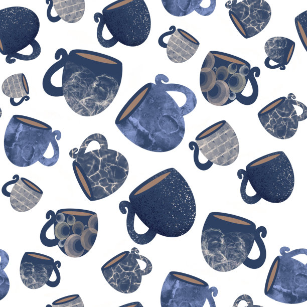 白色背景上的蓝色杯子无缝图案。设计厨房配件，毛巾，桌布，餐巾纸图片下载