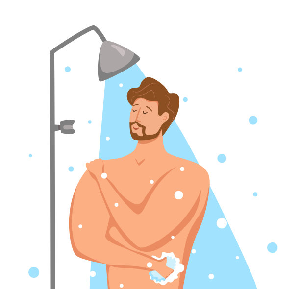 男子在浴室淋浴，用洗发水和肥皂清洁身体的矢量插画图片下载