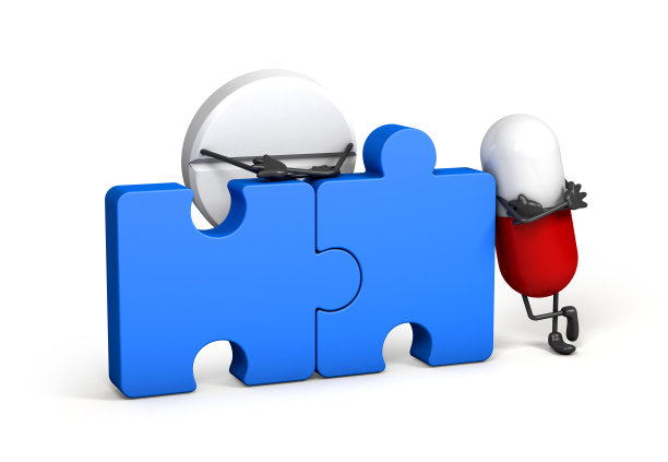 片剂药用胶囊字配以片片蓝色拼图，孤立白色背景，拼图拼图，3d插图图片下载