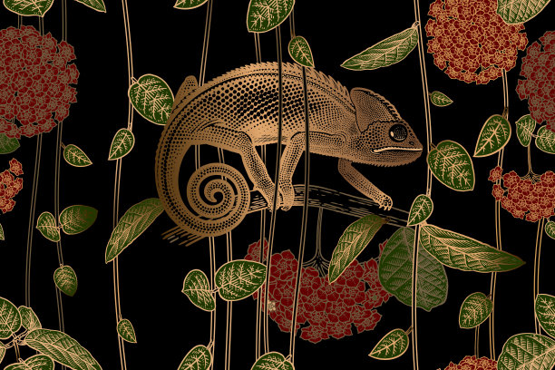 采购产品热带的花，藤，叶和变色龙。无缝模式。黄金打印图片下载