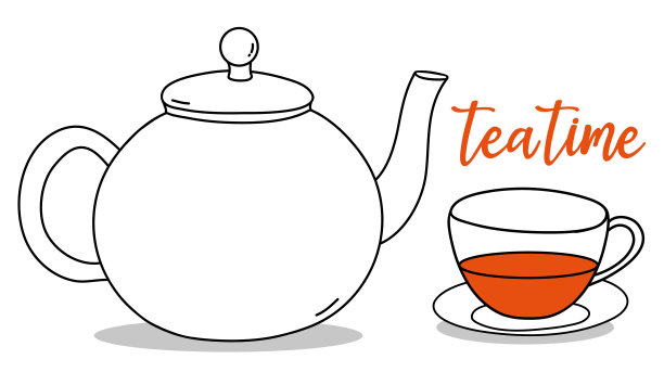 茶壶，茶杯和题字茶时间。手绘。图片下载