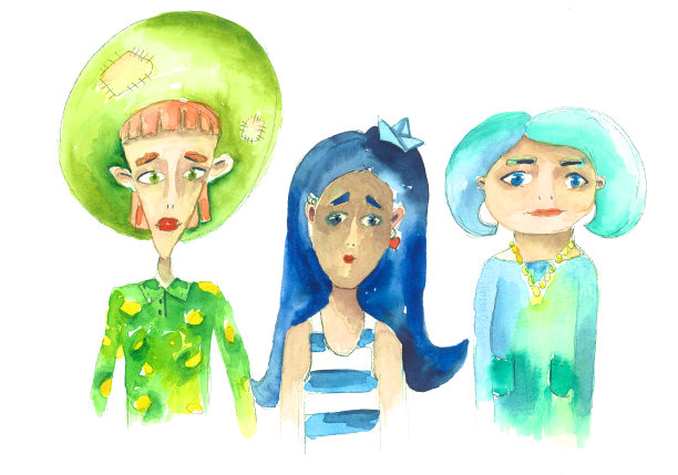 3名女子素描集水彩、农家海洋、空中海洋、明信片模板图片下载