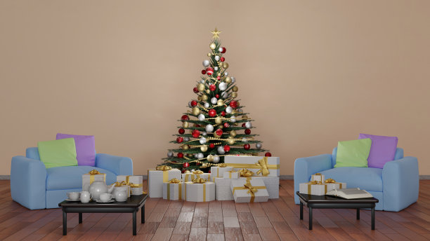 圣诞节。客厅里的圣诞树- 3D插图图片下载