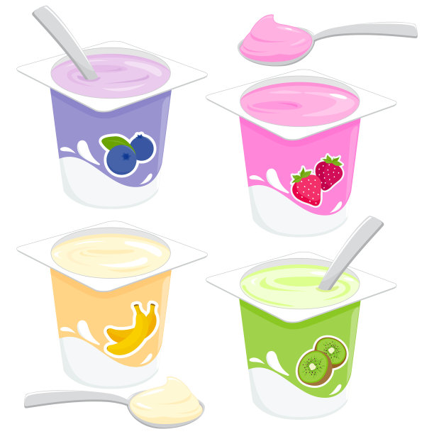 水果酸奶和勺子。矢量图图片下载