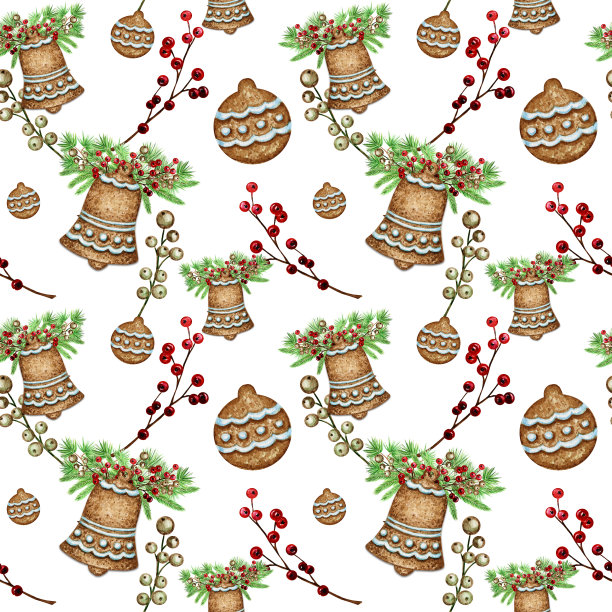 圣诞姜饼饼无缝图案，松枝、铃铛、红莓等冬季甜食背景。水彩插图。圣诞礼物包装纸，面料质地设计图片下载
