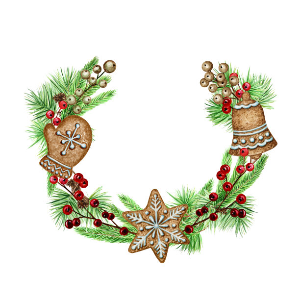 圣诞花环姜饼饼干贺卡，海报，横幅的概念。圆形框架的松枝球果在白色的背景，新年水彩手绘插图与文本复制空间图片下载