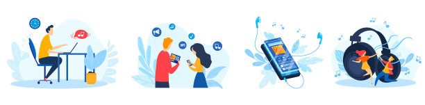 人们听音乐矢量插图，卡通扁平学生朋友一起享受音乐列表，听旋律图片下载