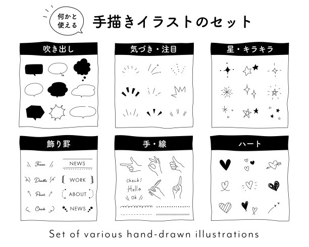 一套涂鸦插图。书面日语的意思是“手绘插图”、“演讲气球”、“注意线”、“星星”、“框架”、“手”和“心”。图片下载
