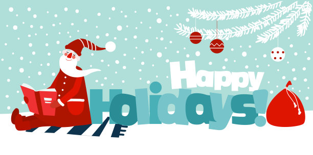 可爱的寒假插画与有趣的圣诞老人读一本书。圣诞和快乐的假期矢量卡图片下载