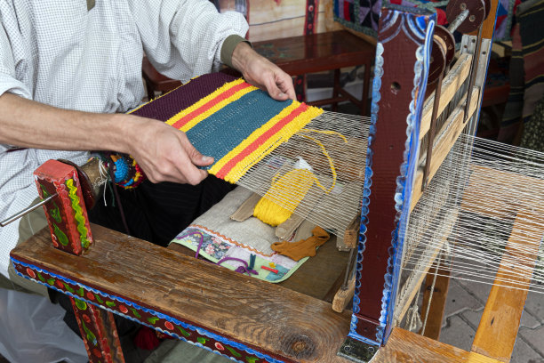 在木织机上织布的人的手。传统的俄罗斯民间艺术。地毯编织过程图片下载