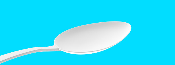 蓝色背景上的勺子。用于餐厅、咖啡馆、披萨店设计的勺子。极简设计的厨房勺子的广告目的。3D渲染，3D渲染。图片下载