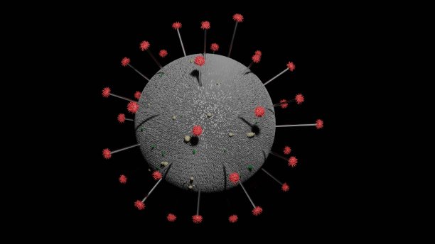 冠状病毒(又称Covid 19)的3D渲染图，背景为黑色。图片下载