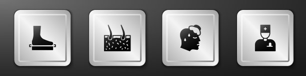 脚平，毛发覆盖皮肤，体温高，男性医生图标。银广场按钮。向量图片下载