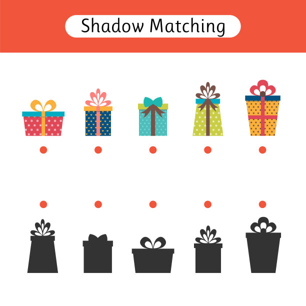影子匹配游戏的孩子。带礼物的工作表。圣诞节。找到正确的阴影。学龄前儿童的活动图片下载