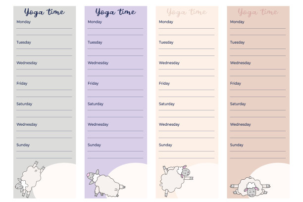 可爱的每周计划模板-瑜伽时间。每周的运动计划，可爱的绵羊做瑜伽体式和冥想。计划，组织和培训计划。向量。孤立的图片下载