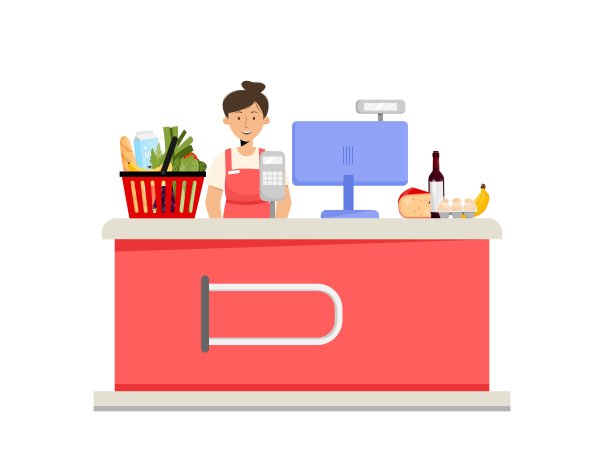 超市收银台，女人性格和食品杂货。平面风格的矢量插图图片下载