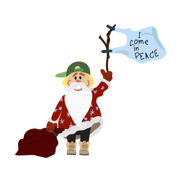 漫画中的圣诞老人戴着绿色的帽子，包着印有旗帜的t恤。我为和平而来。卡通圣诞和新年人物。颜色向量插图。手绘海报，明信片，卡片图片下载