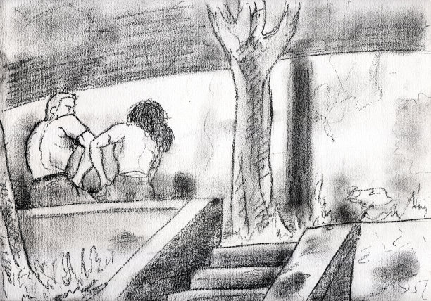 插图一对夫妇坐在一个短墙旁边的楼梯和树，在巴西城市圣保罗，漫画风格。铅笔绘图。图片下载