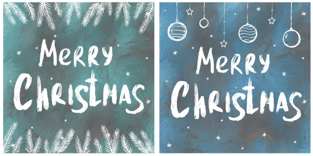 两张简洁的明信片。有书法和装饰的方形贺卡。冬天的假期。手写的圣诞快乐字母在纹理的背景。手绘设计元素。图片下载